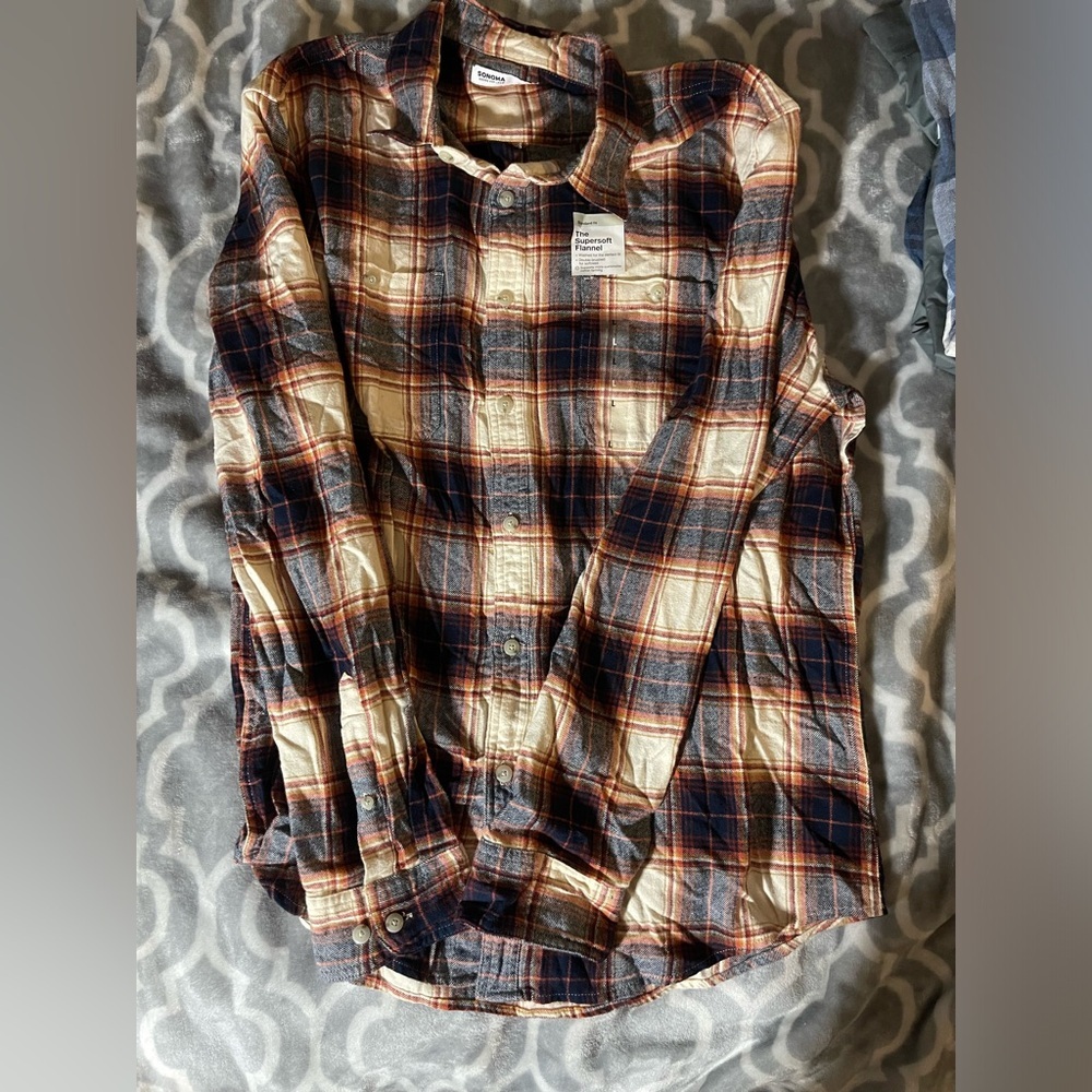 Sonoma Men’s The Super Soft Flannel Orange, Blue & cream NWT Size Large # 2127 - Picture 5 of 9
